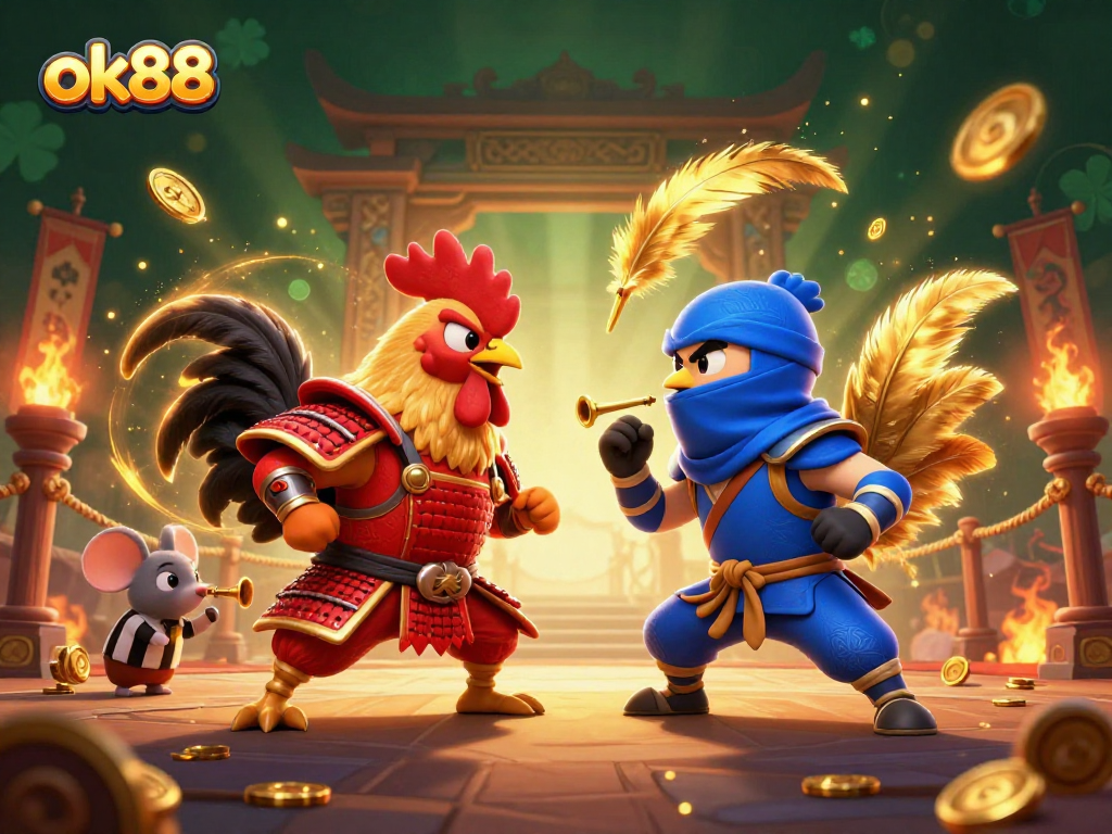 Engage with the ok88 showdown of cartoon fighting roosters amidst a vibrant casino arena.