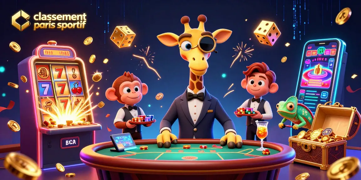 Classement site paris sportif : Un giraffe parieur au poker avec un valet singe et un barman caméléon