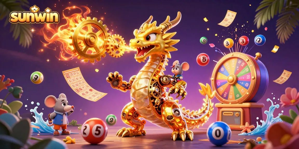 Engage with sunwin's vibrant gaming scene featuring a dragon and dynamic lottery elements.