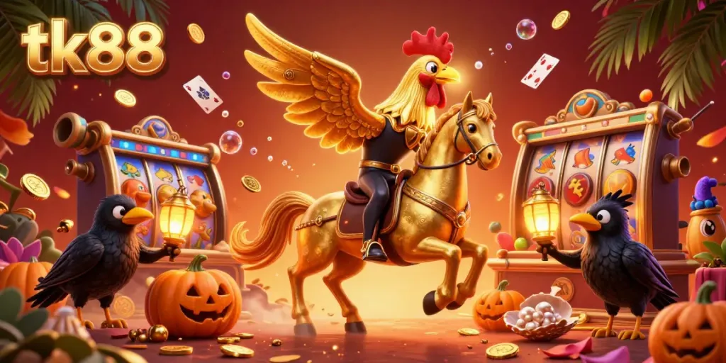 Engage in thrilling gameplay at tk88 as the golden rooster horseman navigates a vibrant casino filled with treasures and adventure.
