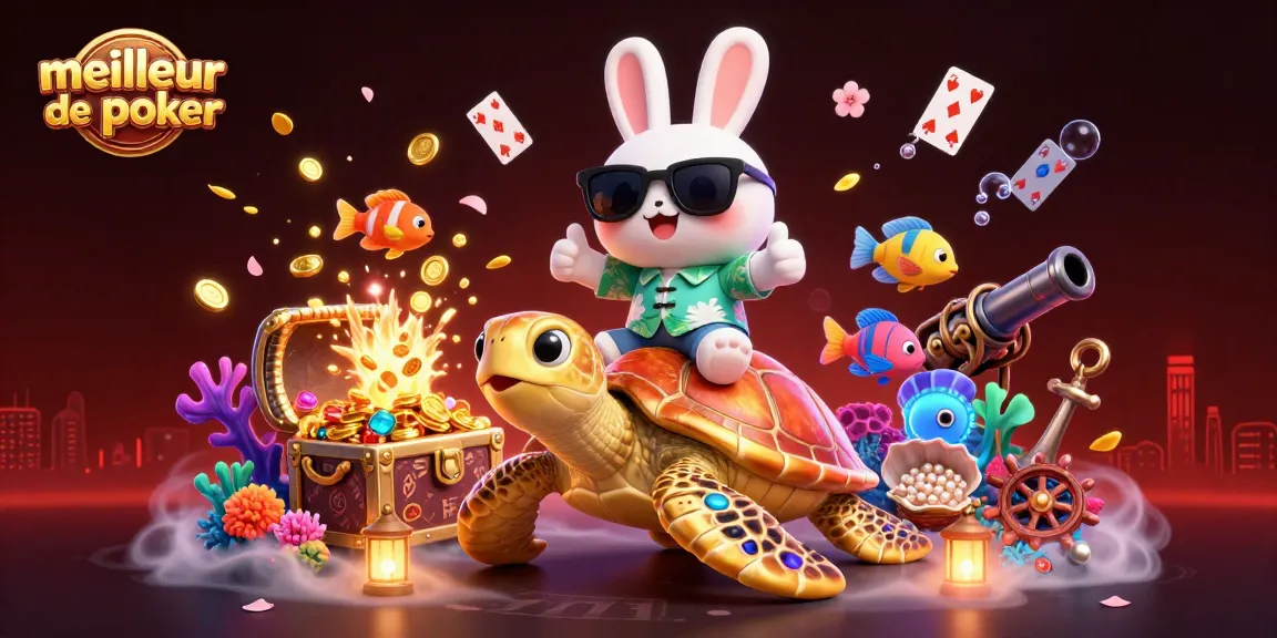 Le meilleur site de poker : un personnage chanceux et une tortue géante plongent dans une scène océanique colorée.