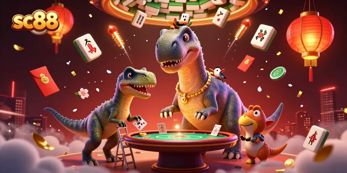 Experience thrilling moments at sc88 with a brontosaurus dealer and festive casino elements.