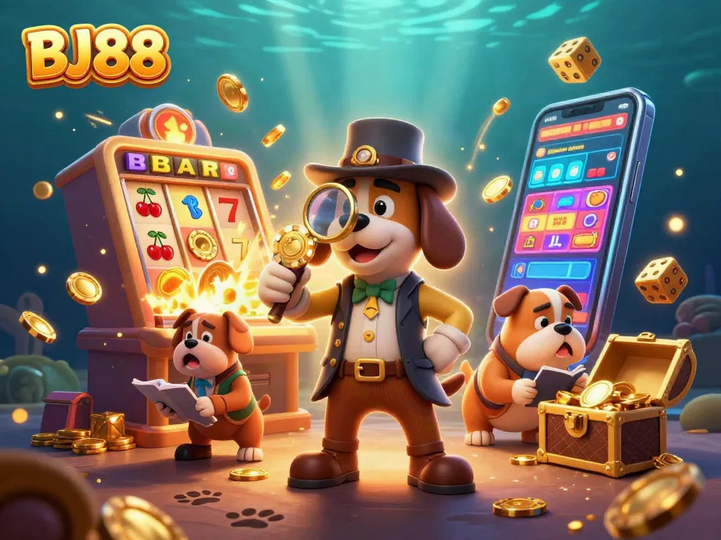 BJ88 casino scene with a detective and bulldog amid slot machines and poker chips.