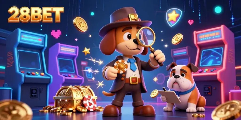Engage with the vibrant 28BET casino scene where a detective investigates poker clues alongside a bulldog, immersed in arcade gaming.