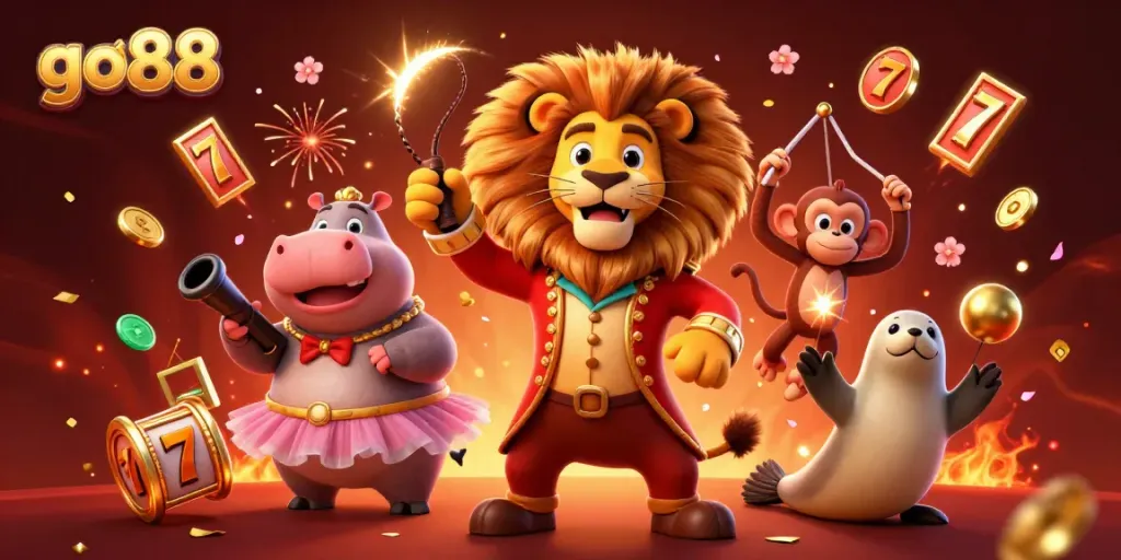 Experience the excitement of go88 with a vibrant 3D illustration of casino characters amidst slot reels and festive elements.
