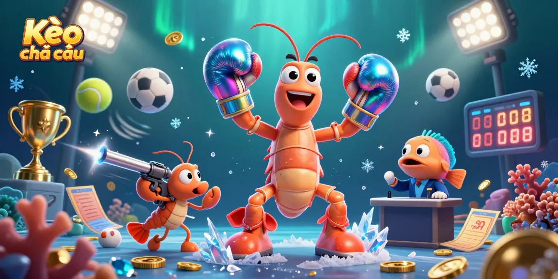 Kèo nhà cái showcases a vibrant sports betting scene with dynamic shrimp characters, sports balls, and trophies.
