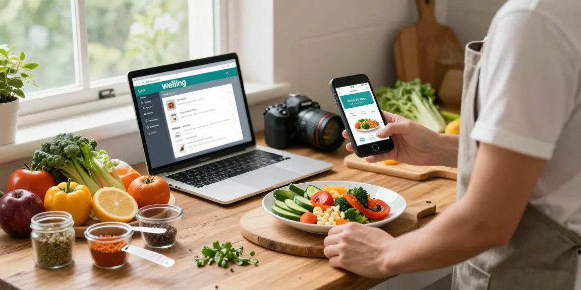 Healthy cooking with the best food tracker app, Welling, in a rustic kitchen.