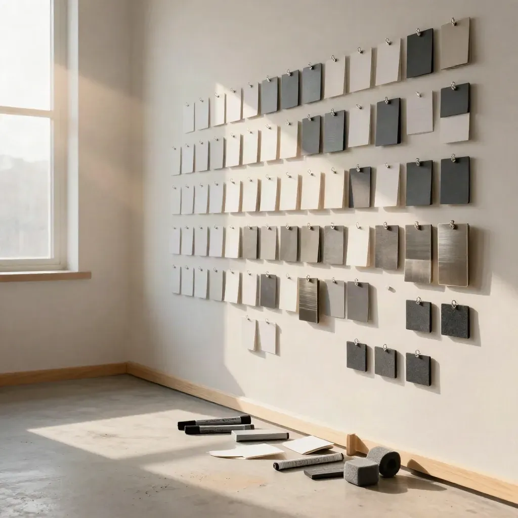 Sunlit content model wall with blank cards, slate tabs, and magnetic blocks shifting into hierarchy.