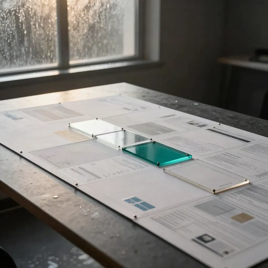 Rain-lit modular UX map on a charcoal table with acrylic tiles and paper panels