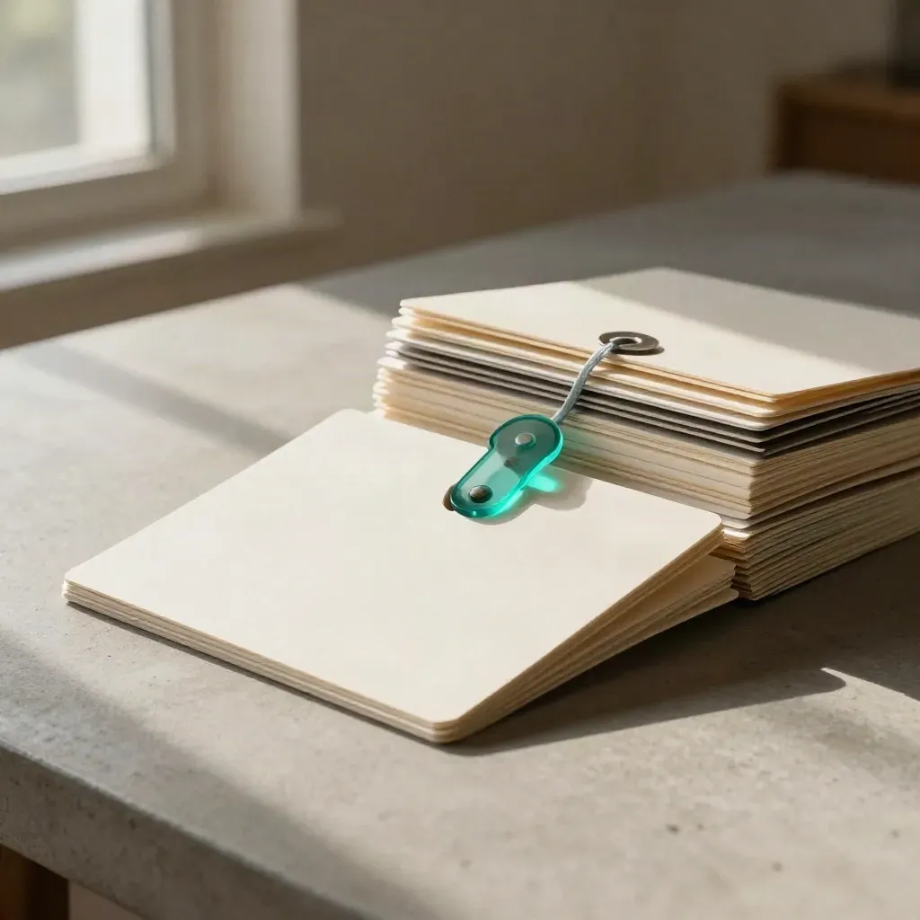 Pale modular cards and foam spacers on concrete, anchored by a teal acrylic piece in warm window light.