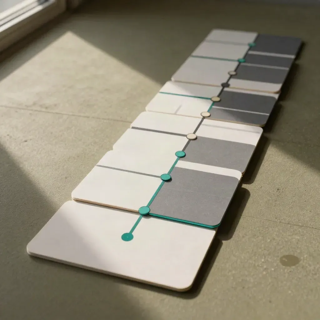 Overhead task-map of clustered cards and teal thread on a dusty olive grid floor.