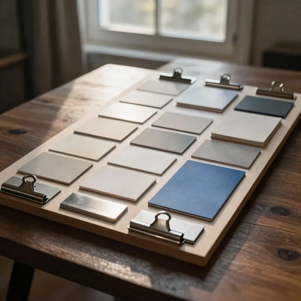 UI rules board with spacing chips, metal clips, sample cards and linen swatch in moody studio light