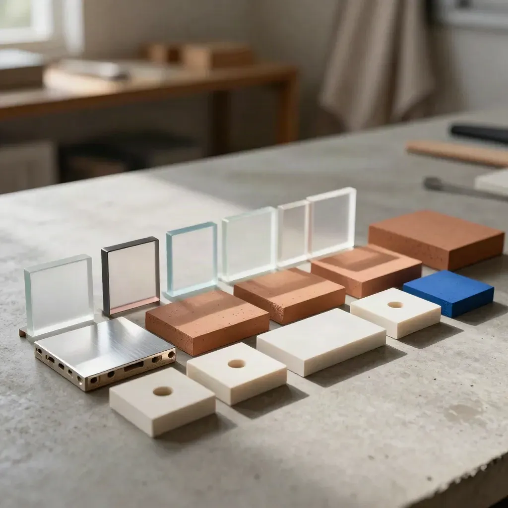 Physical UX component tiles, chips, and frame mockups aligned on concrete in warm light