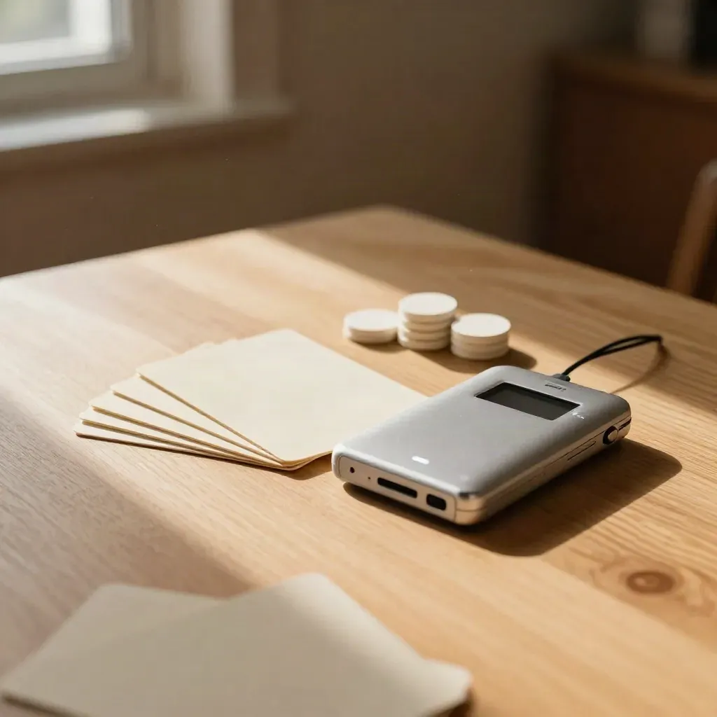 Pale oak table with prompt cards, audio recorder, and white token chips in warm window light