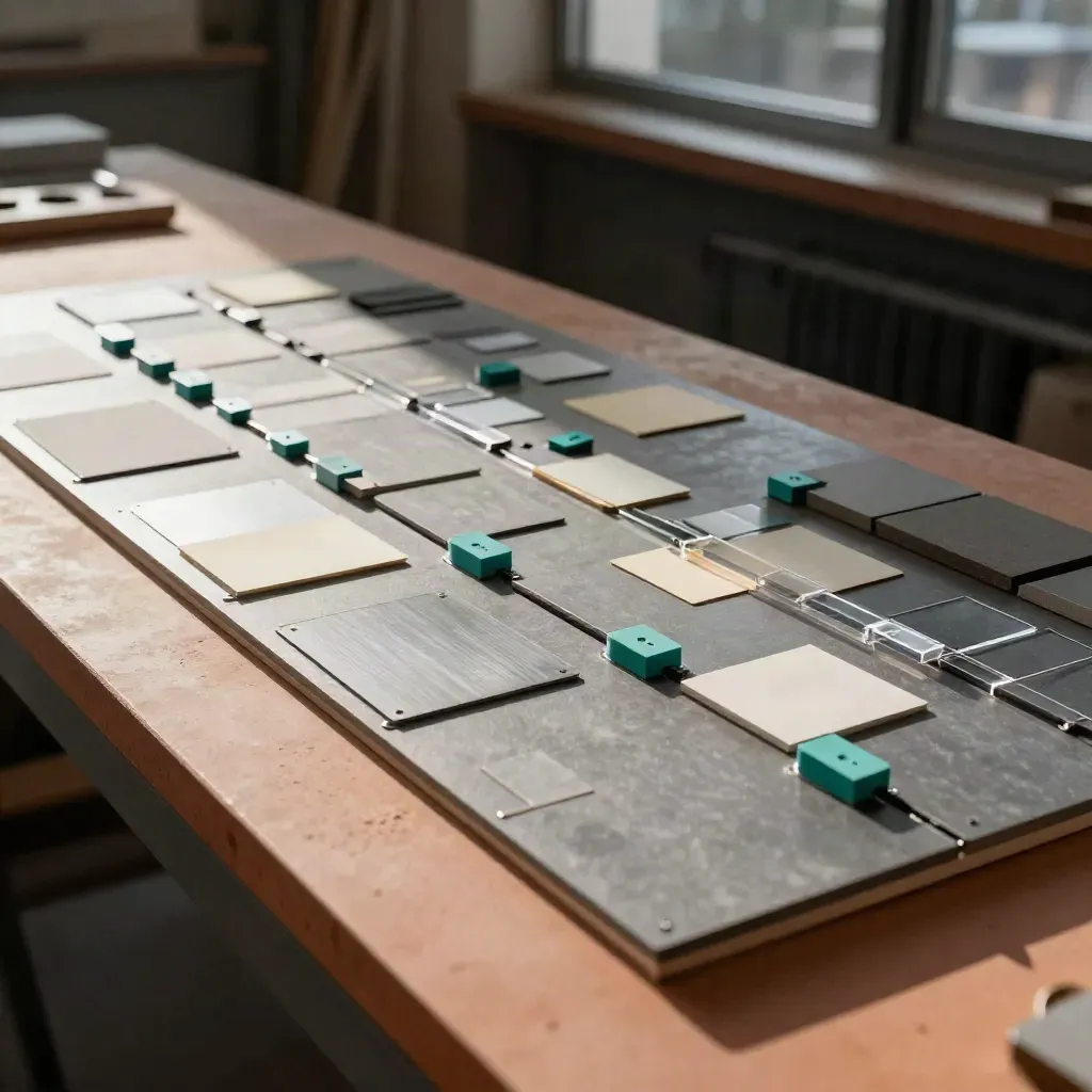 Component library map made of foam blocks, metal panels, and paper tabs on a workbench