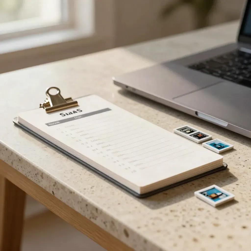 Low-angle checklist kit with laptop and page-order tokens in warm window light.