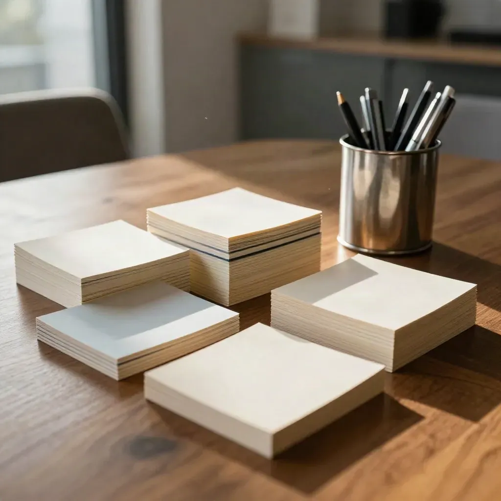 Audit notes clustered beside screen-sample tiles and a pen cup on a walnut conference table.