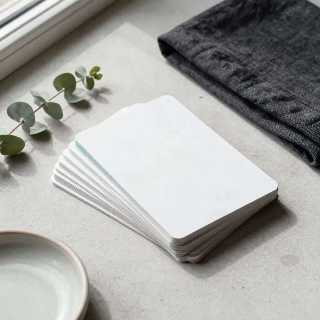 Overhead flatlay of modular content cards, eucalyptus sprig, charcoal cloth, and ceramic dish on concrete