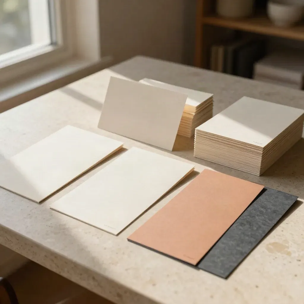 Top-down spread of blank menu sign mockups, paper slugs and neutral cards on pale stone.