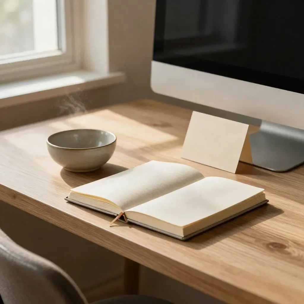 Closed notebook, ceramic bowl, blank card and turned monitor in a quiet studio corner.