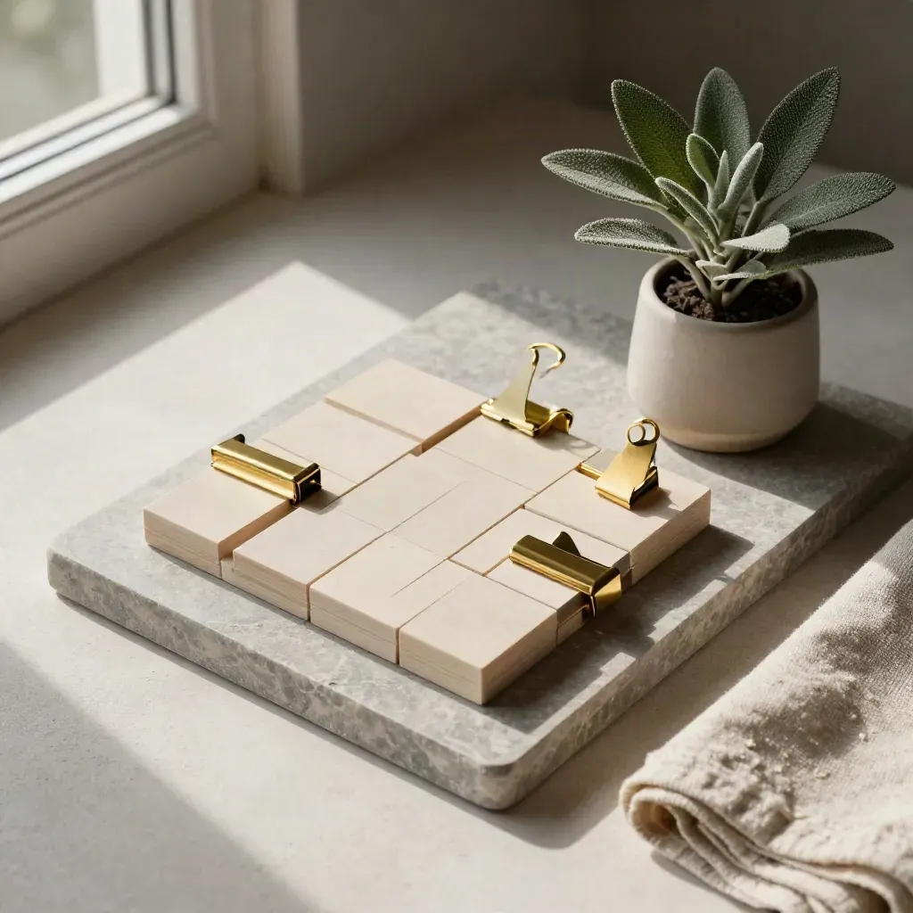 Top-down stone tray with modular blocks, brass clamps, plant, and linen for IA maps.