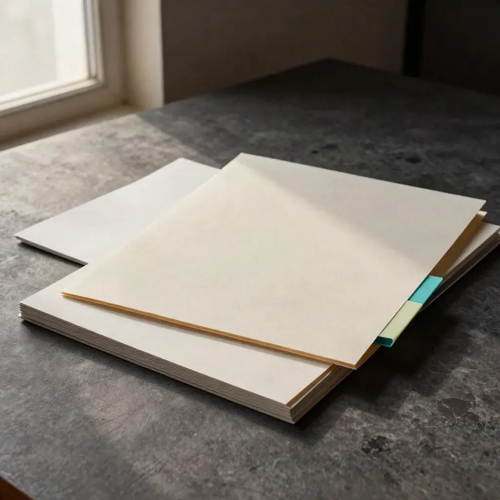Review notes pack of blank sheets, folded tabs, and a compact folder on a graphite table