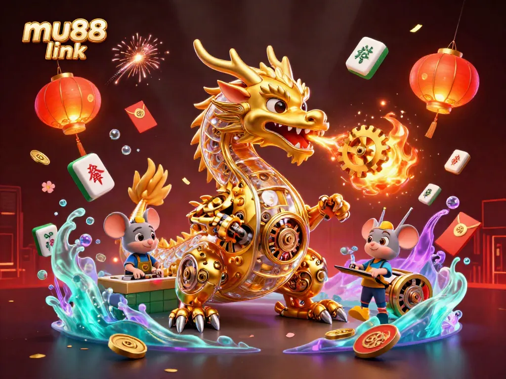 Unleash fortune with the mu88 link showcasing a golden dragon, dazzling casino elements, and vibrant colors.