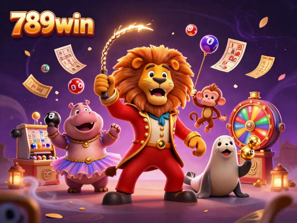 Engaging lottery scene with circus characters celebrating 789win through dynamic elements and lucky symbols.