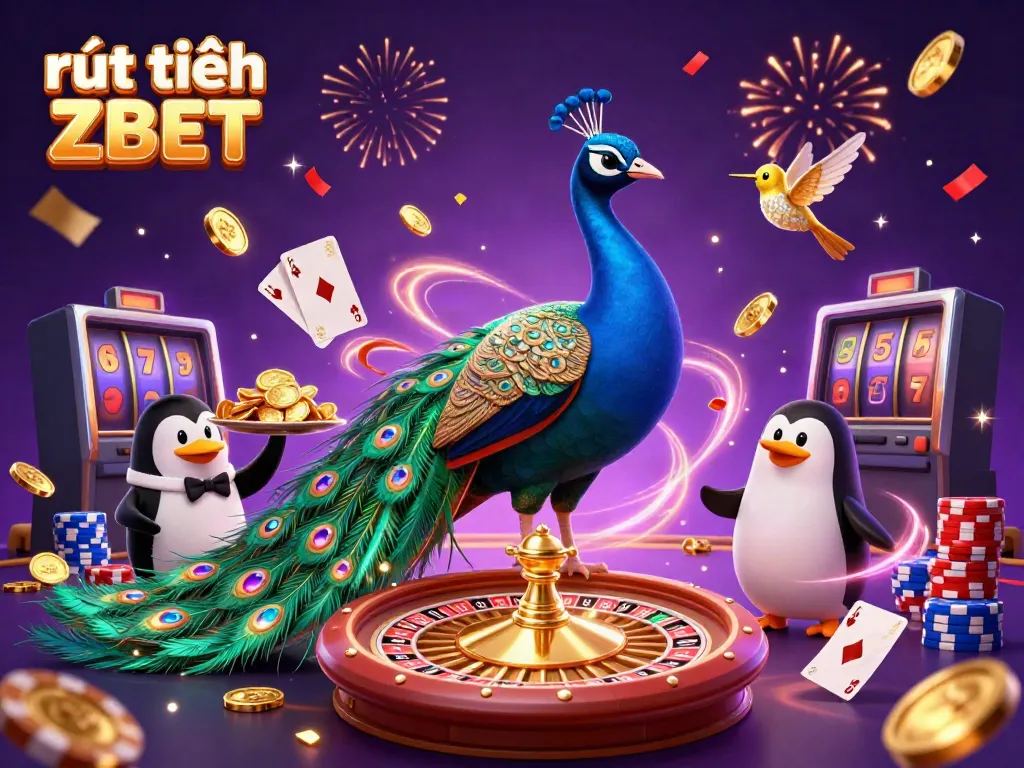 Experience rút tiền ZBET with a vibrant scene showcasing a peacock and penguin in a festive casino atmosphere.