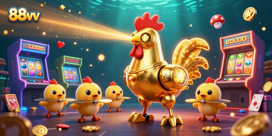 88vv casino illustration featuring a retro-futuristic rooster robot and slot elements.