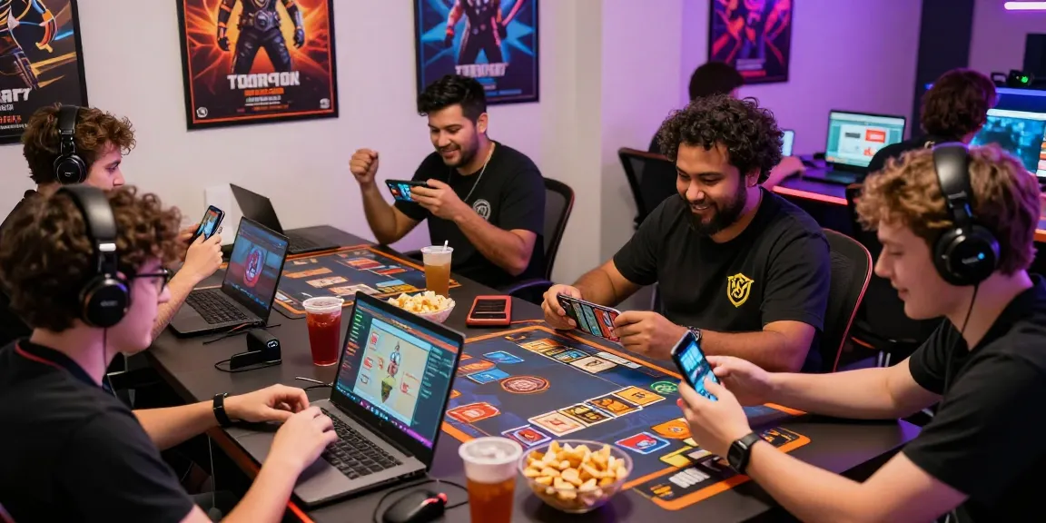 Exciting gaming scene with diverse players enjoying juragan qq card games online.