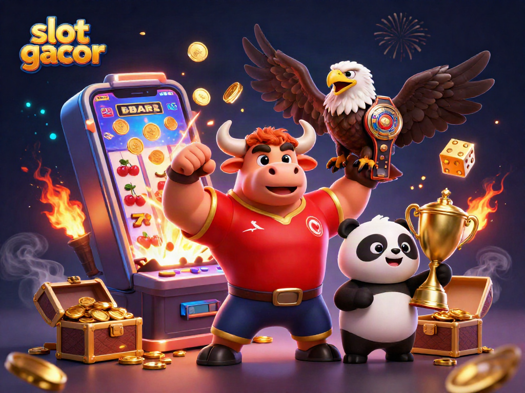 Engage with slot gacor as a muscular bull mascot celebrates big wins in a vibrant casino scene.