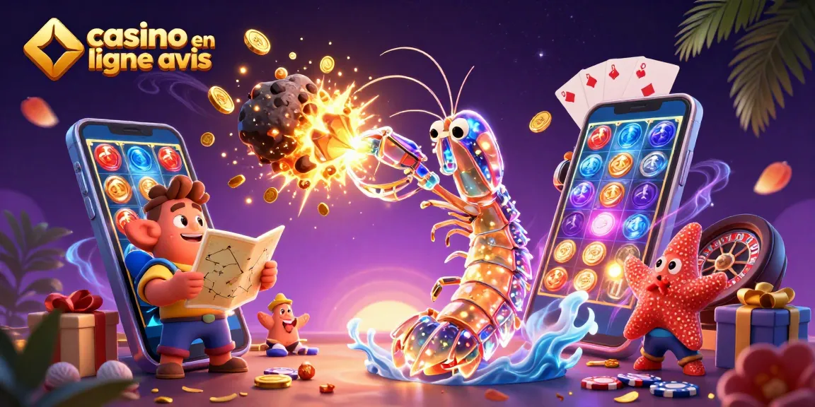 Une scène dynamique d'avis sur les casinos en ligne avec des personnages colorés et des éléments de jeu en 3D.