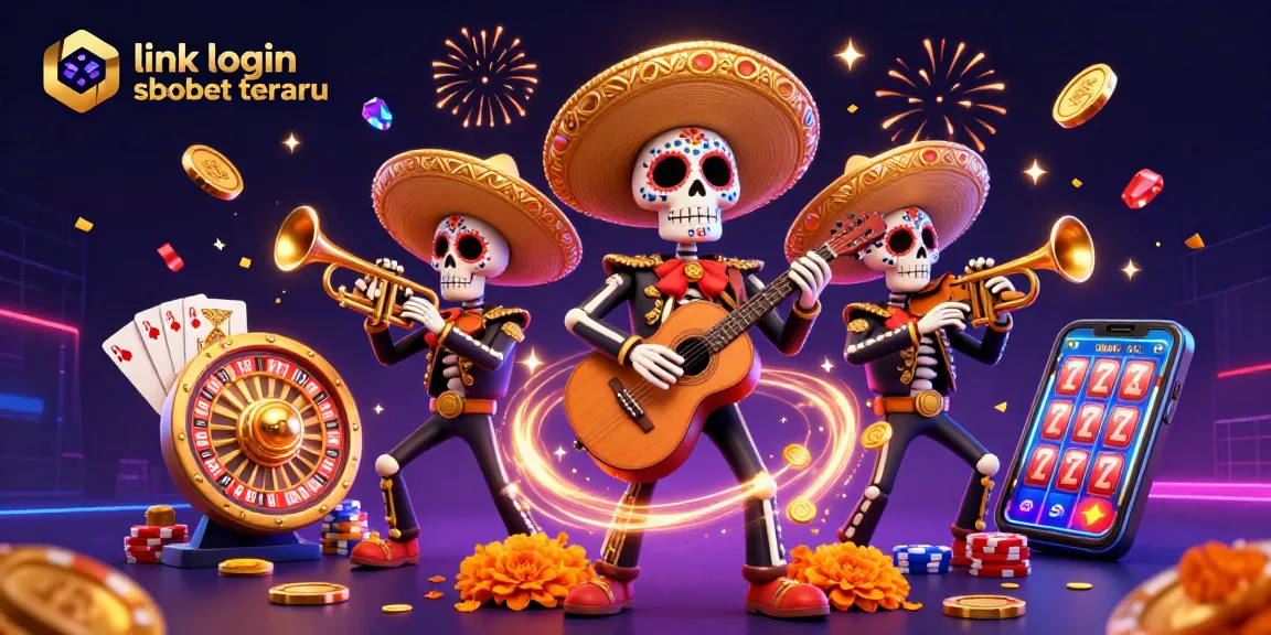 Engage in thrilling bets with the link login sbobet terbaru, featuring colorful mariachi band and dynamic casino elements.