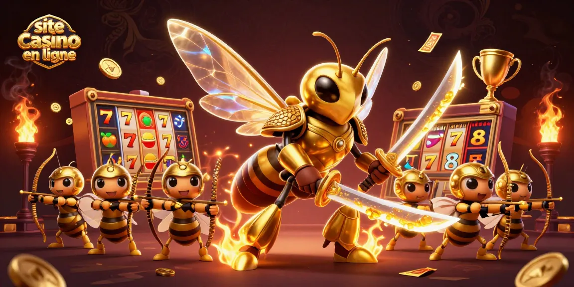 Jouer sur le site casino en ligne avec une illustration dynamique de machines à sous et un hornet en armure.