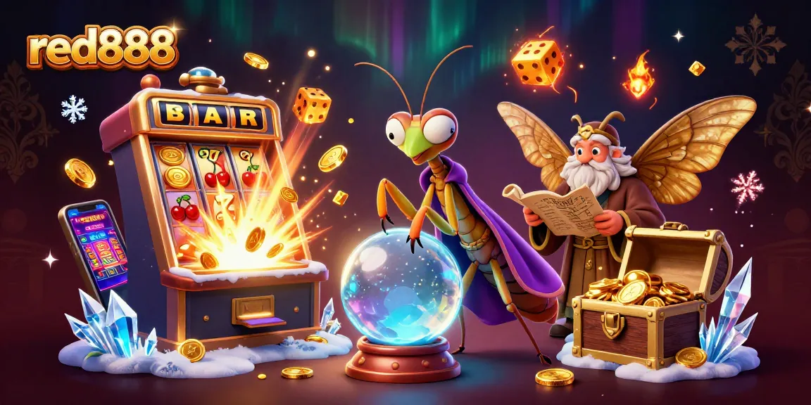 Engage with red888's vibrant 3D casino scene showcasing a magical fortune teller and slot victory.