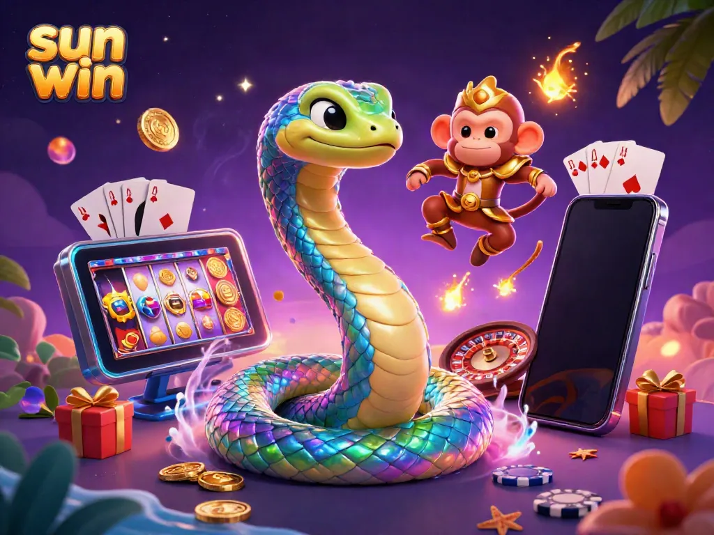 Join the excitement of sun win with this vibrant illustration featuring a rainbow serpent and engaging gaming elements.