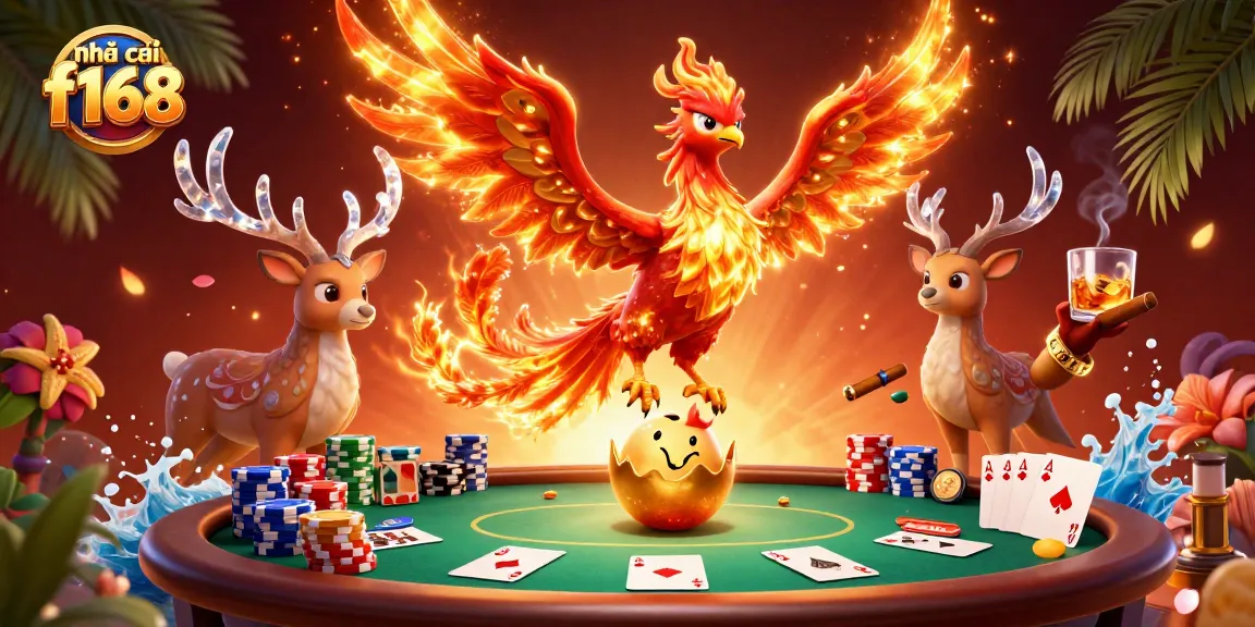 Play exciting games with nhà cái f168, featuring vibrant 3D phoenix, poker elements, and rich casino visuals.