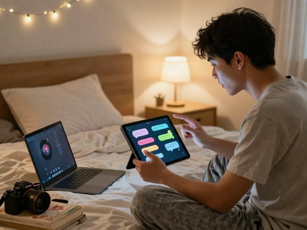 Engaging free AI sex chat scene in a cozy bedroom with warm lighting.