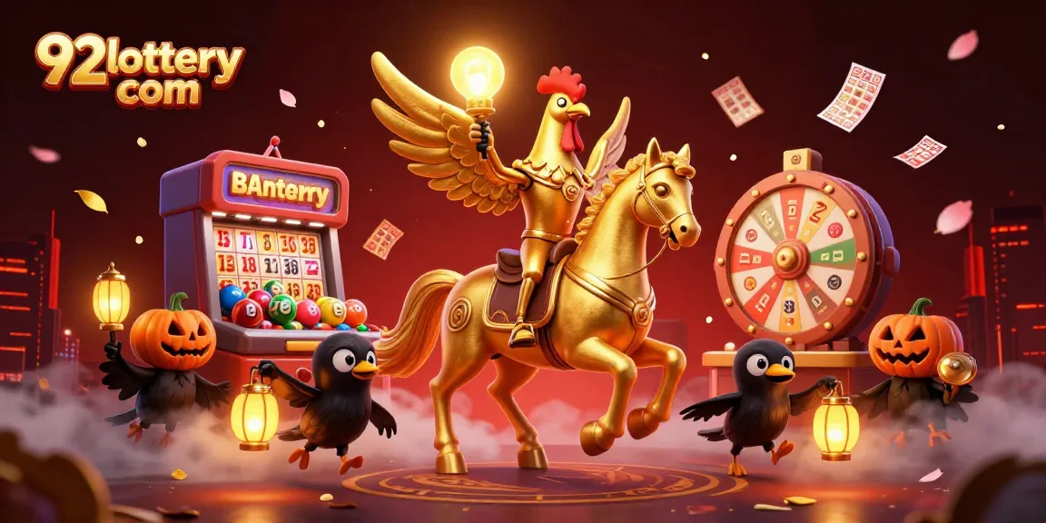 Engage with 92lottery com as a golden rooster character rides through a vibrant midnight casino.