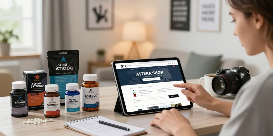 Explore the Astera Shop with various steroid products in a vibrant home office setting.