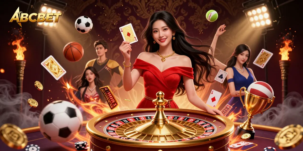 Immerse in the ABCBET experience, featuring a confident woman holding a casino card amidst dynamic gaming elements.