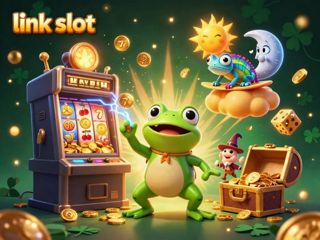 Experience the excitement with link slot, featuring golden coins, vibrant characters, and dynamic casino action.