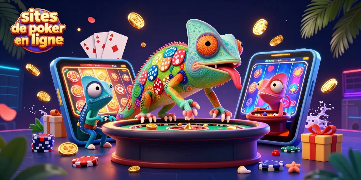 Jouez aux sites de poker en ligne avec l'illustration d'un caméléon propriétaire de casino et des éléments de poker.