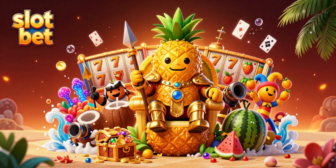 Slot bet dengan simbol buah dan lucky 7 di latar pantai kasino yang meriah.