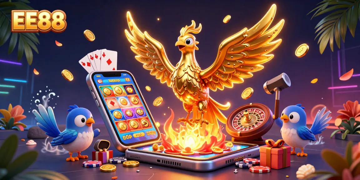 EE88 golden phoenix symbolizing prosperity amidst vibrant casino game elements.