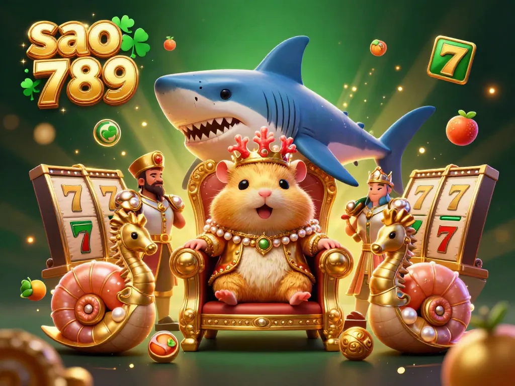 Experience the exciting world of sao 789 with a golden hamster king amidst vibrant slot elements and sparkling casino ambiance.