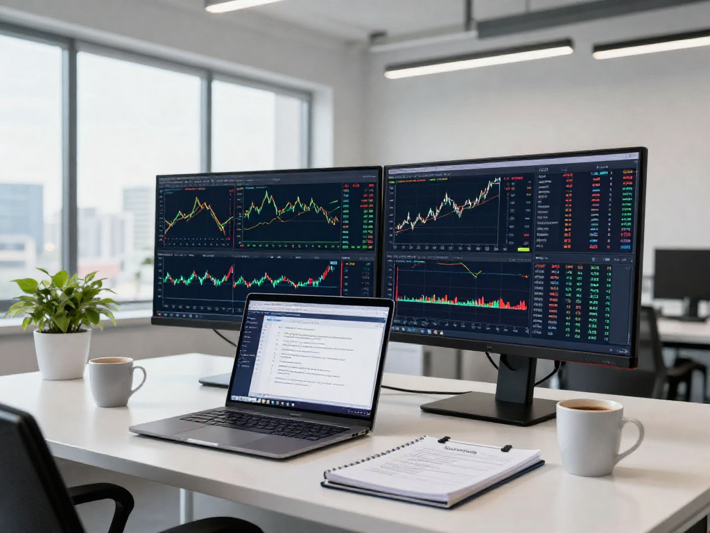 在多元化金融平台MetaTrader 5的交易环境中，交易者使用多台显示器分析市场数据和图表。