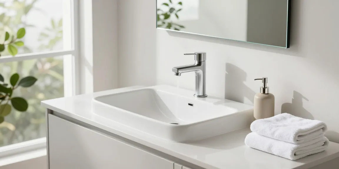 Ablution wash basin in a contemporary bathroom showcasing minimalist design and natural lighting.