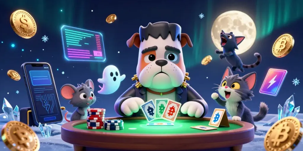 Experience thrilling action at S8 with a cartoon Frankenstein bulldog dealing cards, capturing the casino excitement.